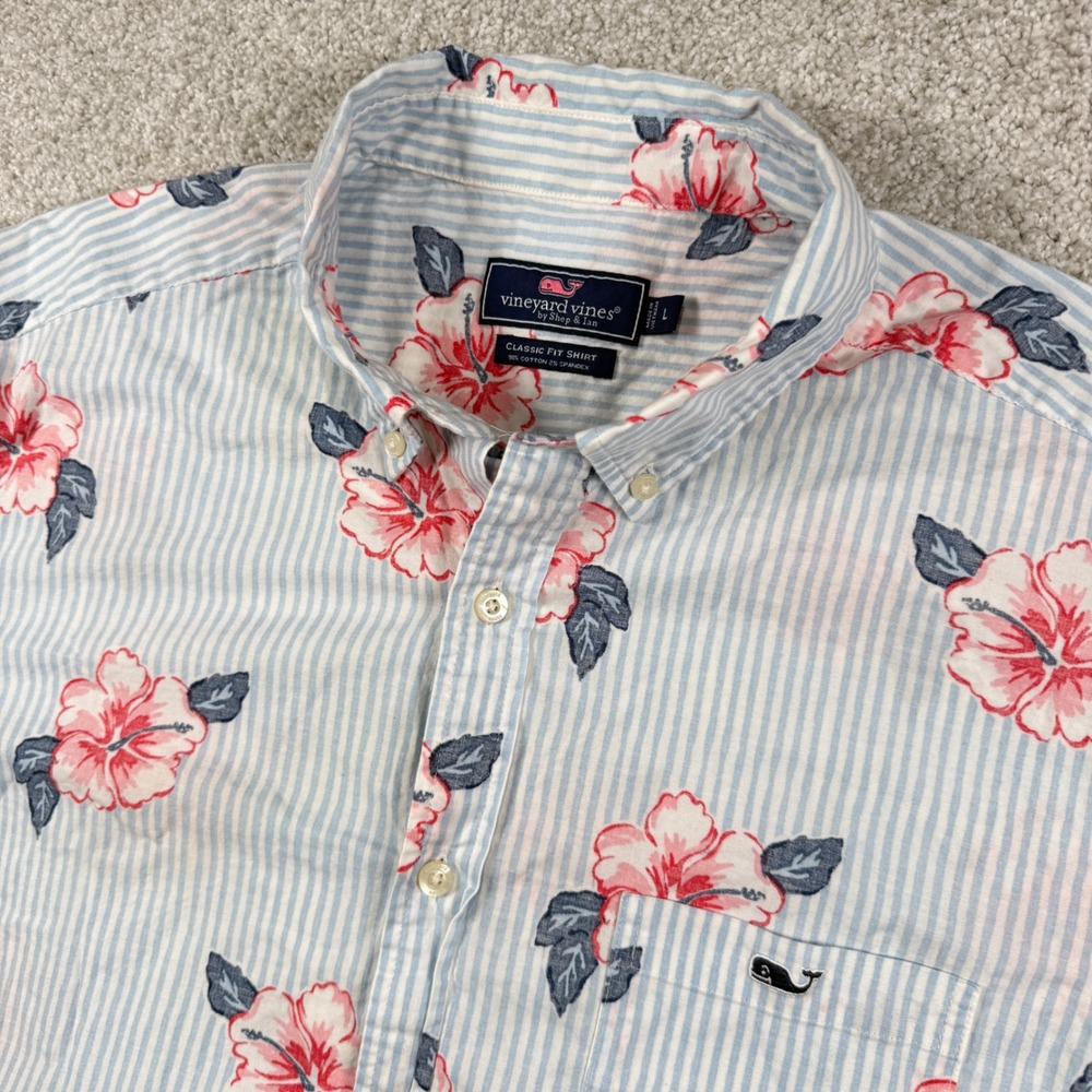 Vineyard Vines Button Down Mens Large Blue Pink Floral Stripe Classic Fit Shirt